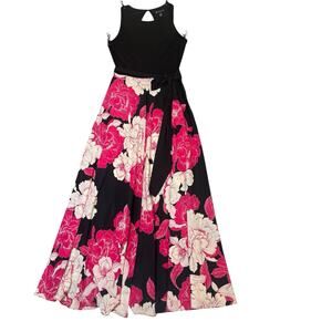INC Black Floral Sleeveless Belted Maxi Gown Formal Dress Size 6 Pre-Owned